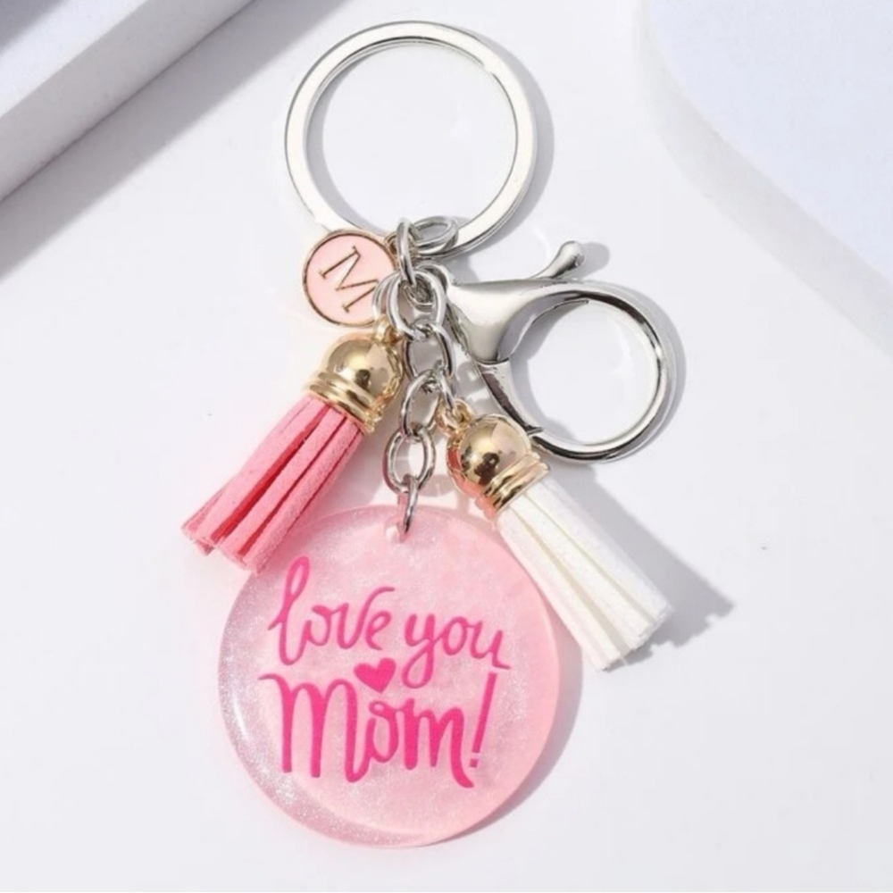 Personalized “Love You Mom” Bag Charm & Keychain 💖✨ — “Blush Love”